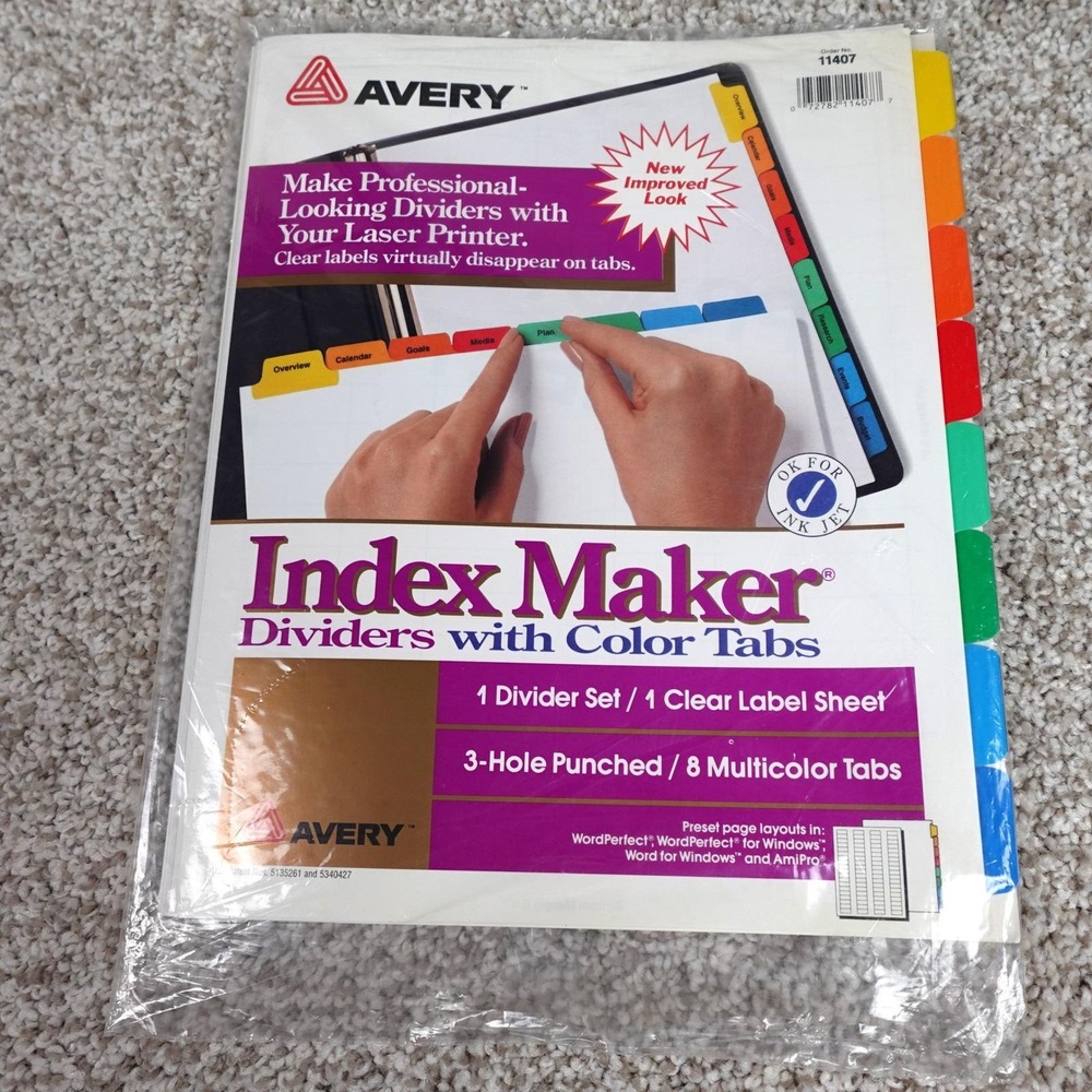 Avery Index Maker Dividers with Color Tabs 8-Tab Set 11407 Multicolor 3-Hole